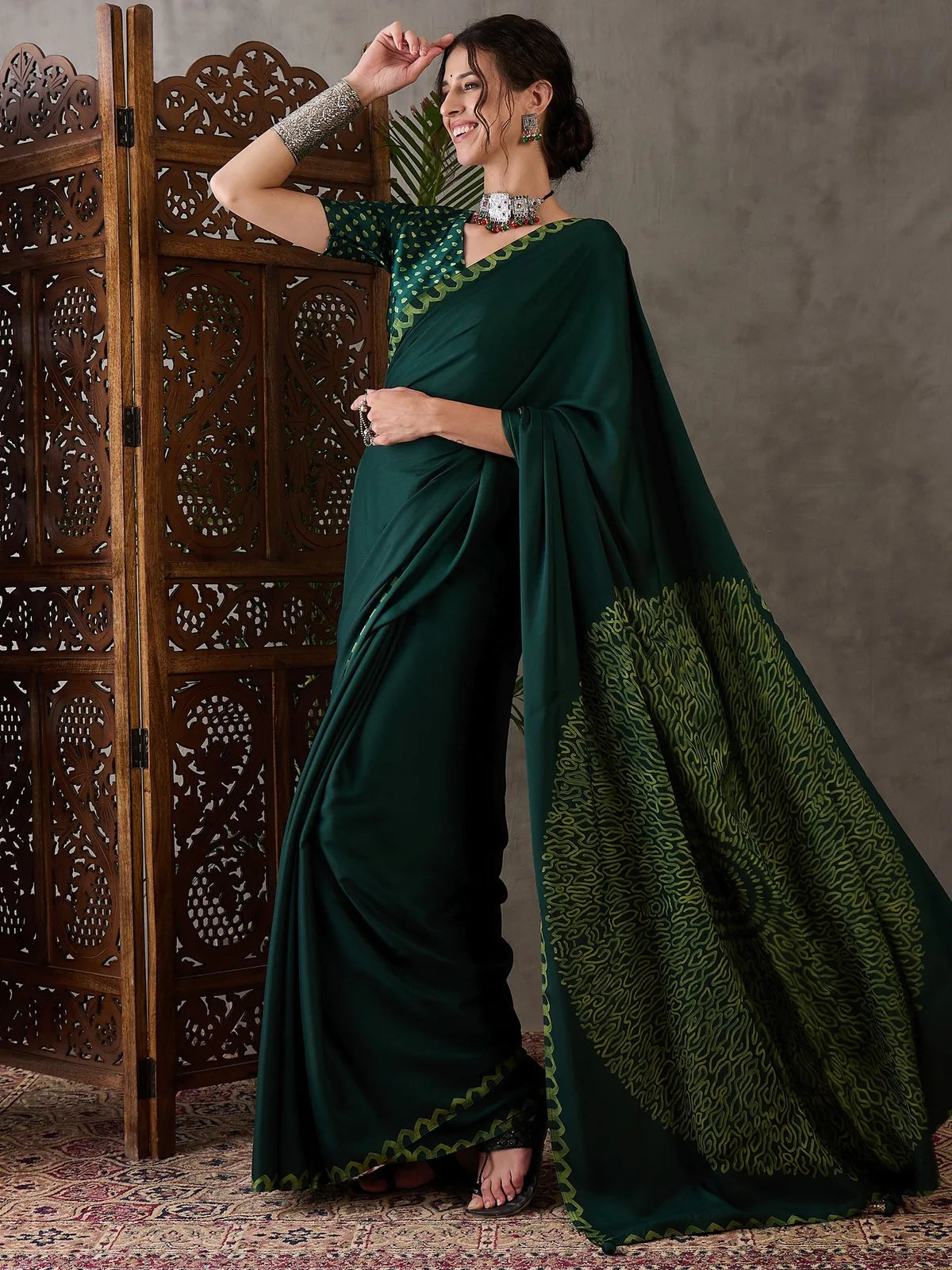 Tarani Sharayu green semi modal satin printed saree side view