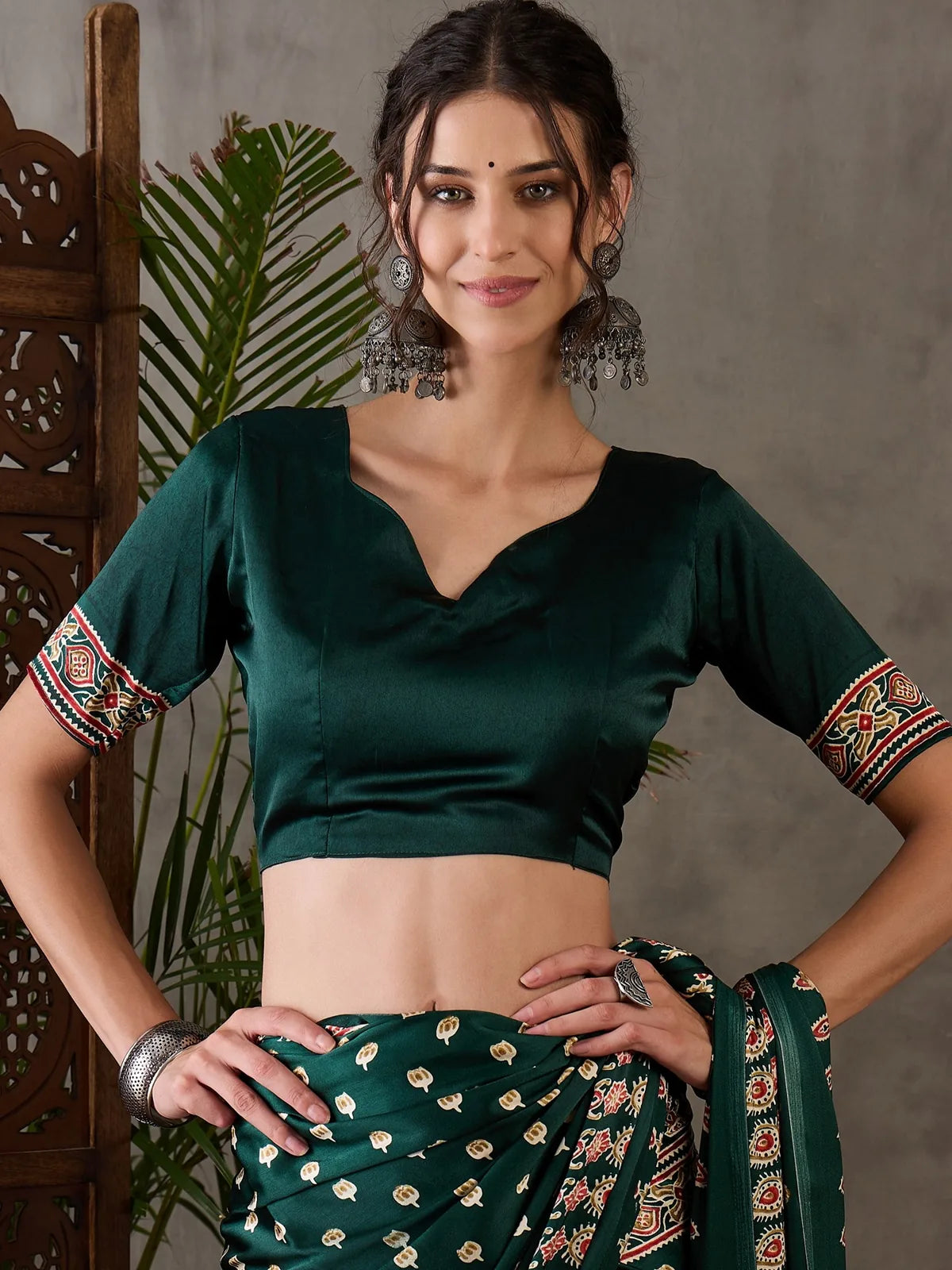 Tarani Mahika green semi modal satin saree upper body view showing printed blouse design