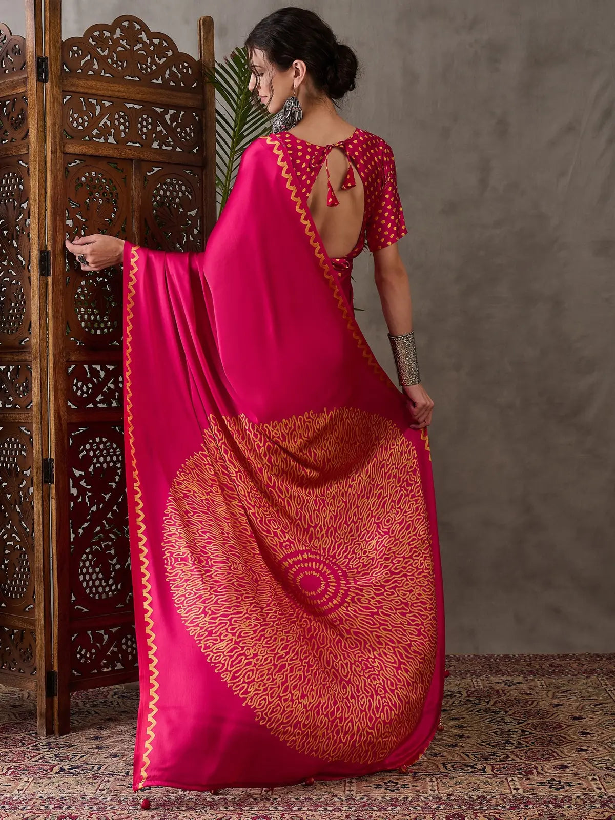 Tarani magenta semi modal satin saree back view highlighting pallu design