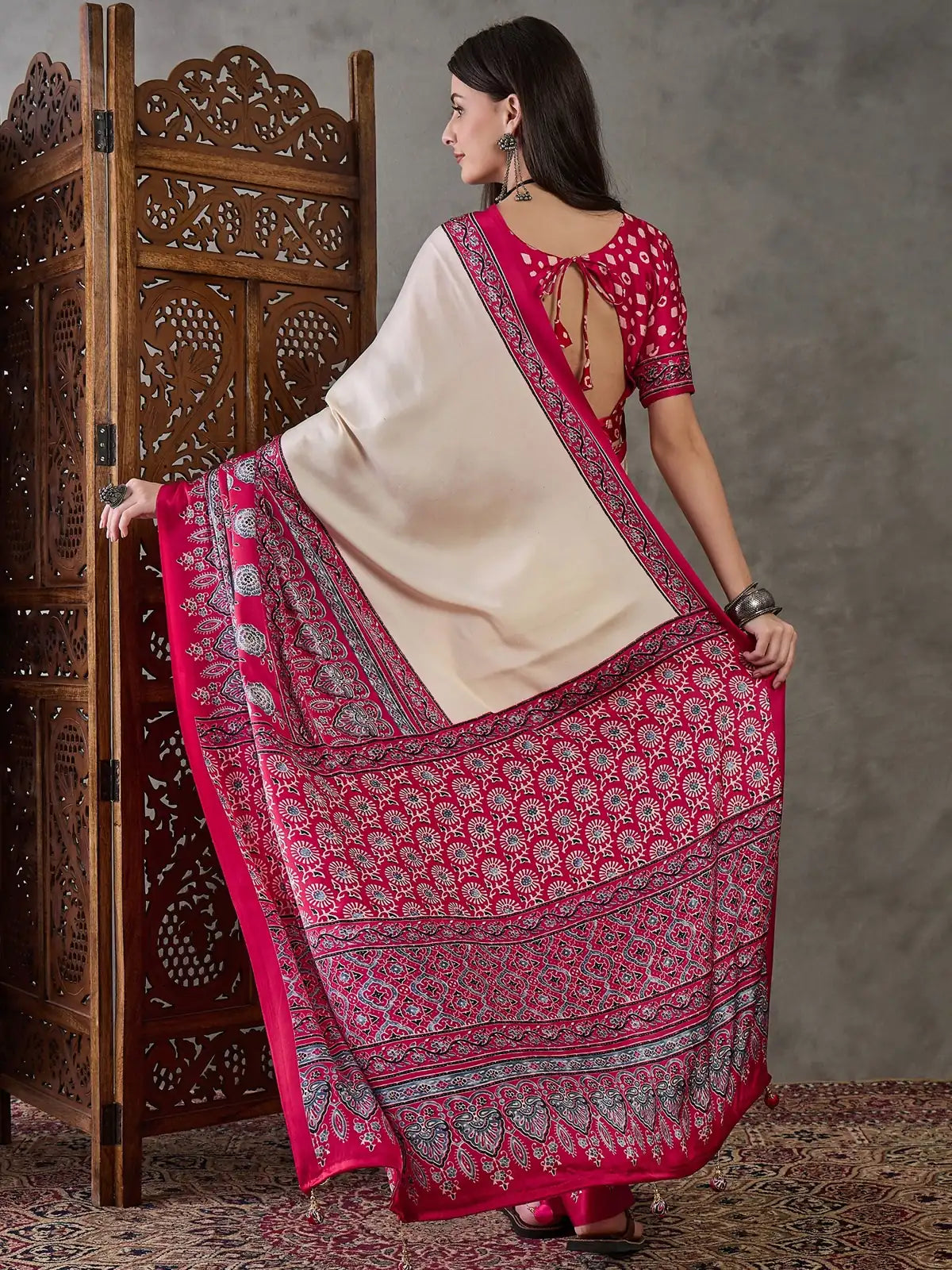 Tarani semi modal satin magenta saree back-view view