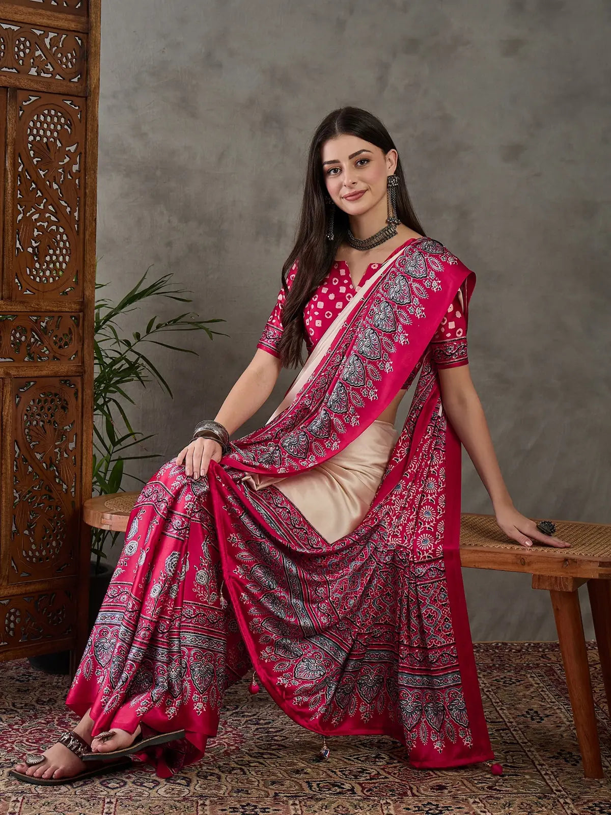 Tarani semi modal satin magenta saree front-view view