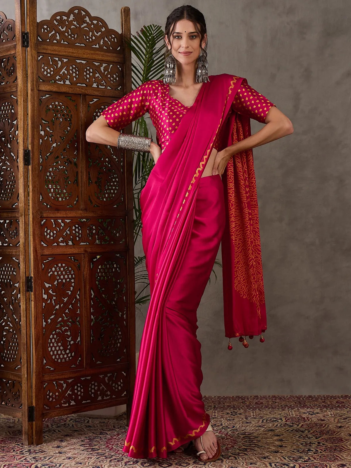 Tarani magenta semi modal satin saree full view with printed blouse for festive and party wear