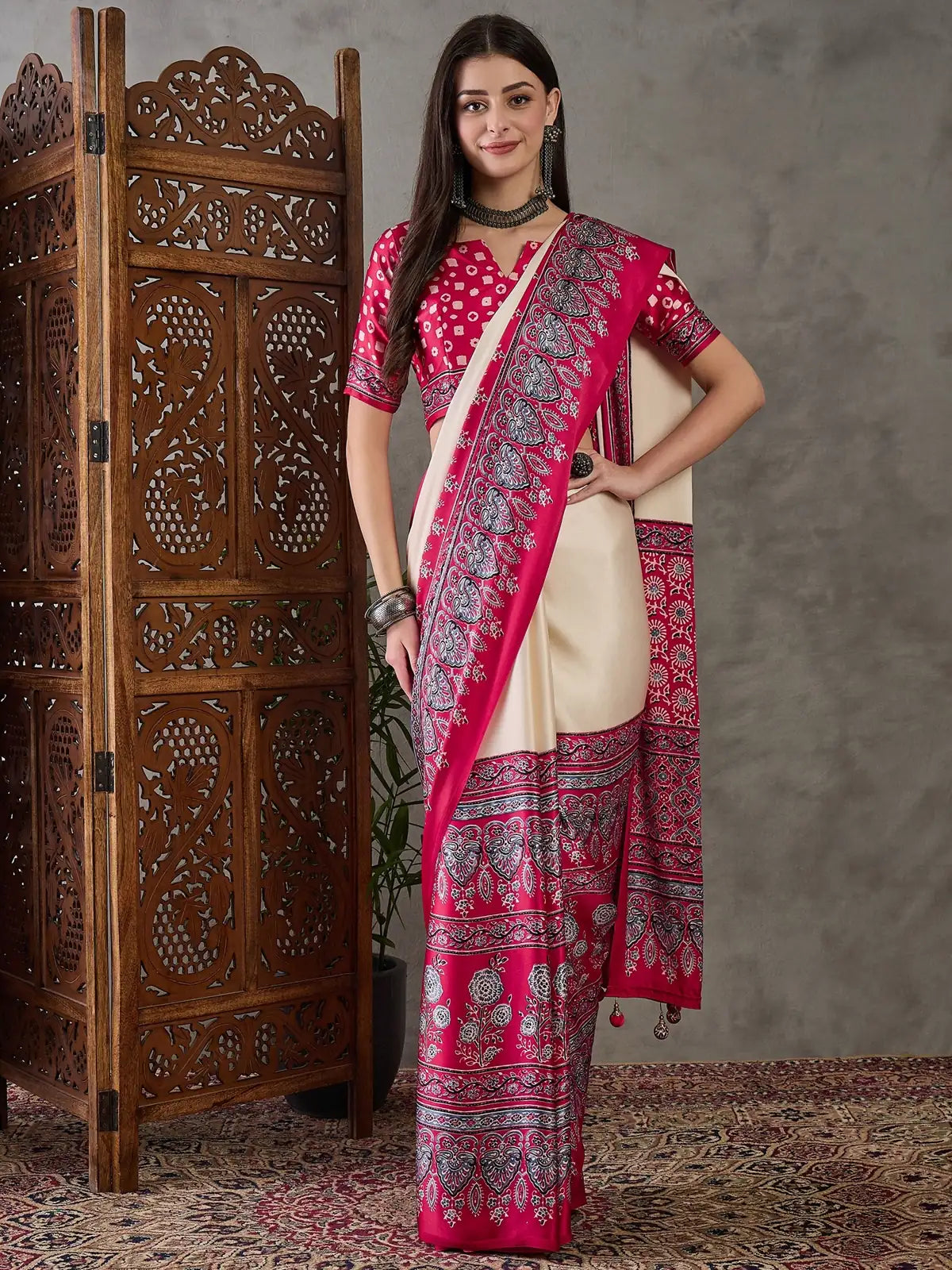Tarani semi modal satin magenta saree with printed border and blouse piece full front view