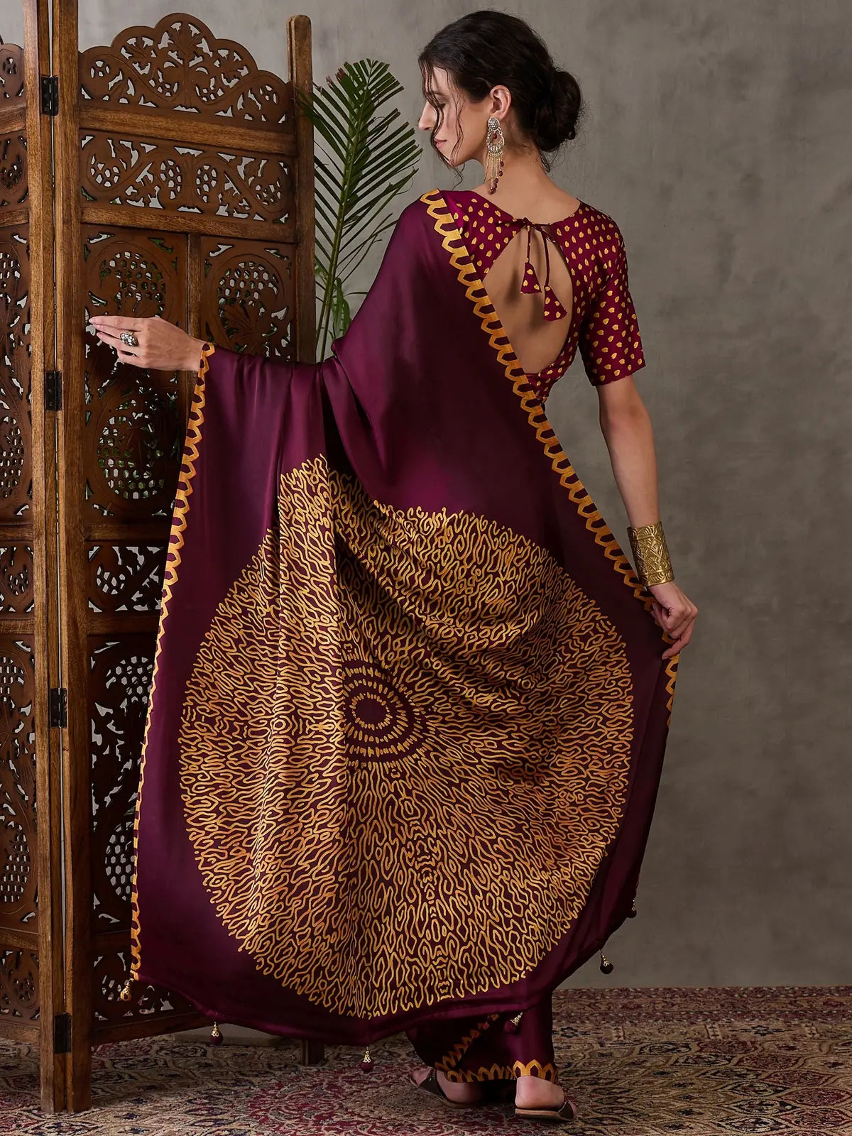 Tarani maroon semi modal satin printed saree back view with pallu artwork Dhruti