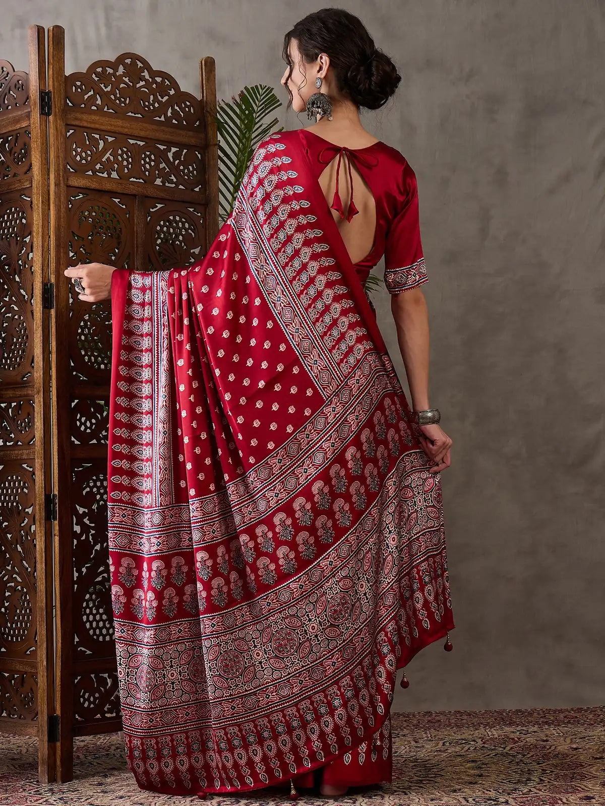 Tarani Rajlaxmi maroon semi modal satin saree back blouse design view