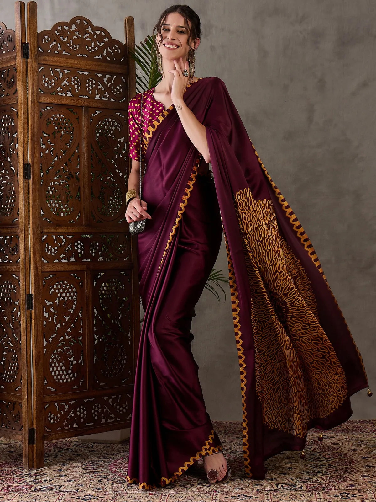 Tarani maroon semi modal satin printed saree front drape party wear Dhruti