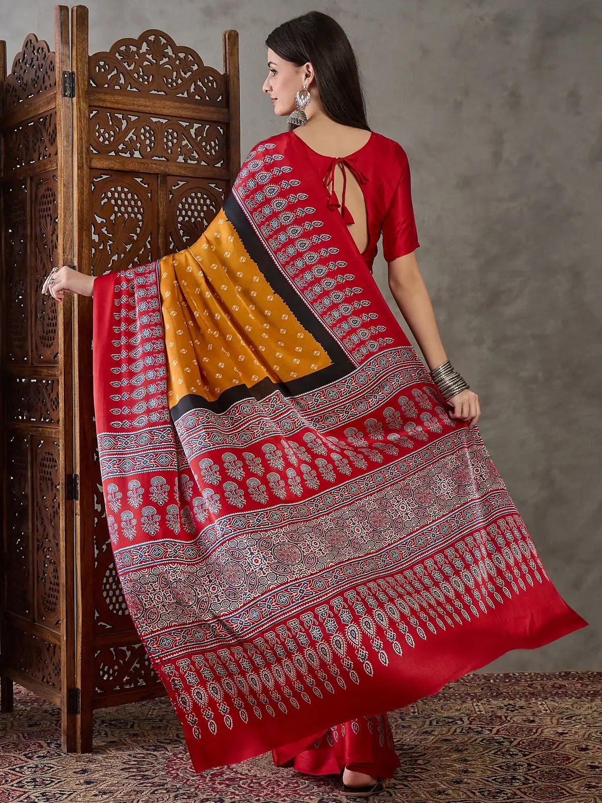 Tarani Aashini printed saree back view highlighting pallu design and blouse back