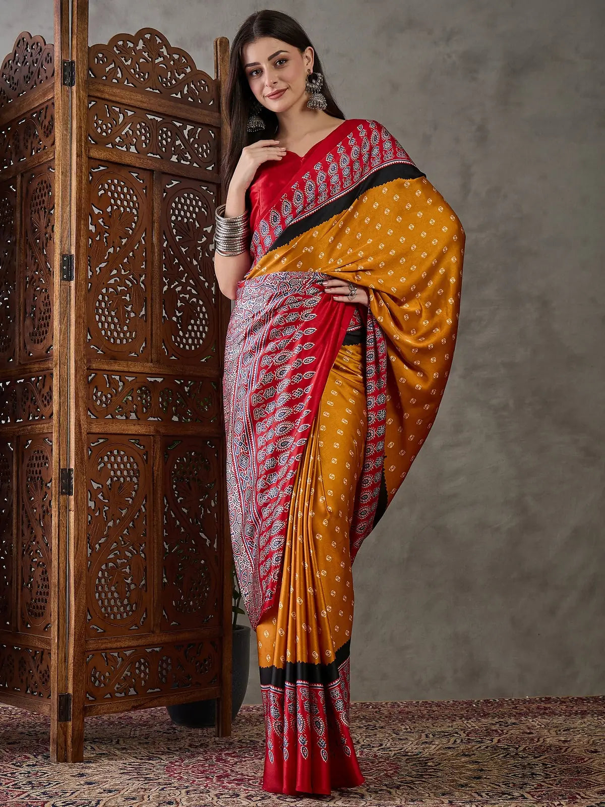 Tarani Aashini mustard printed saree front drape view for festive and party wear