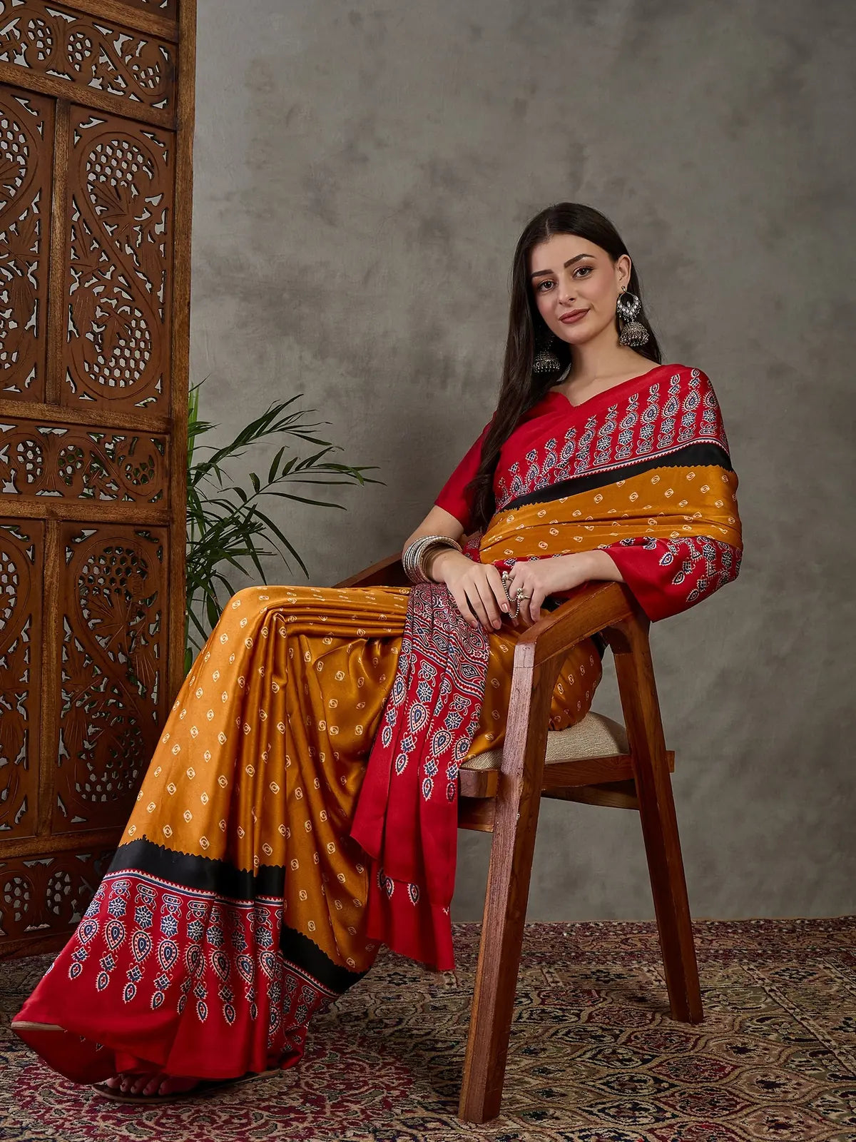 Tarani Aashini printed semi modal satin saree full front view with pallu styling
