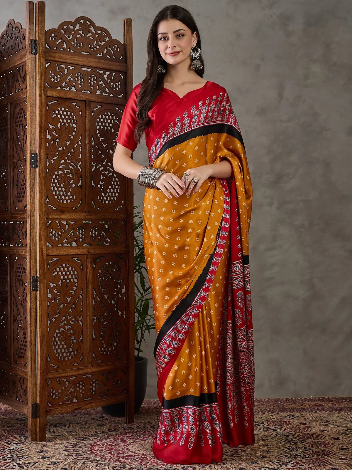 Tarani Aashini semi modal satin mustard printed saree with red border full saree view