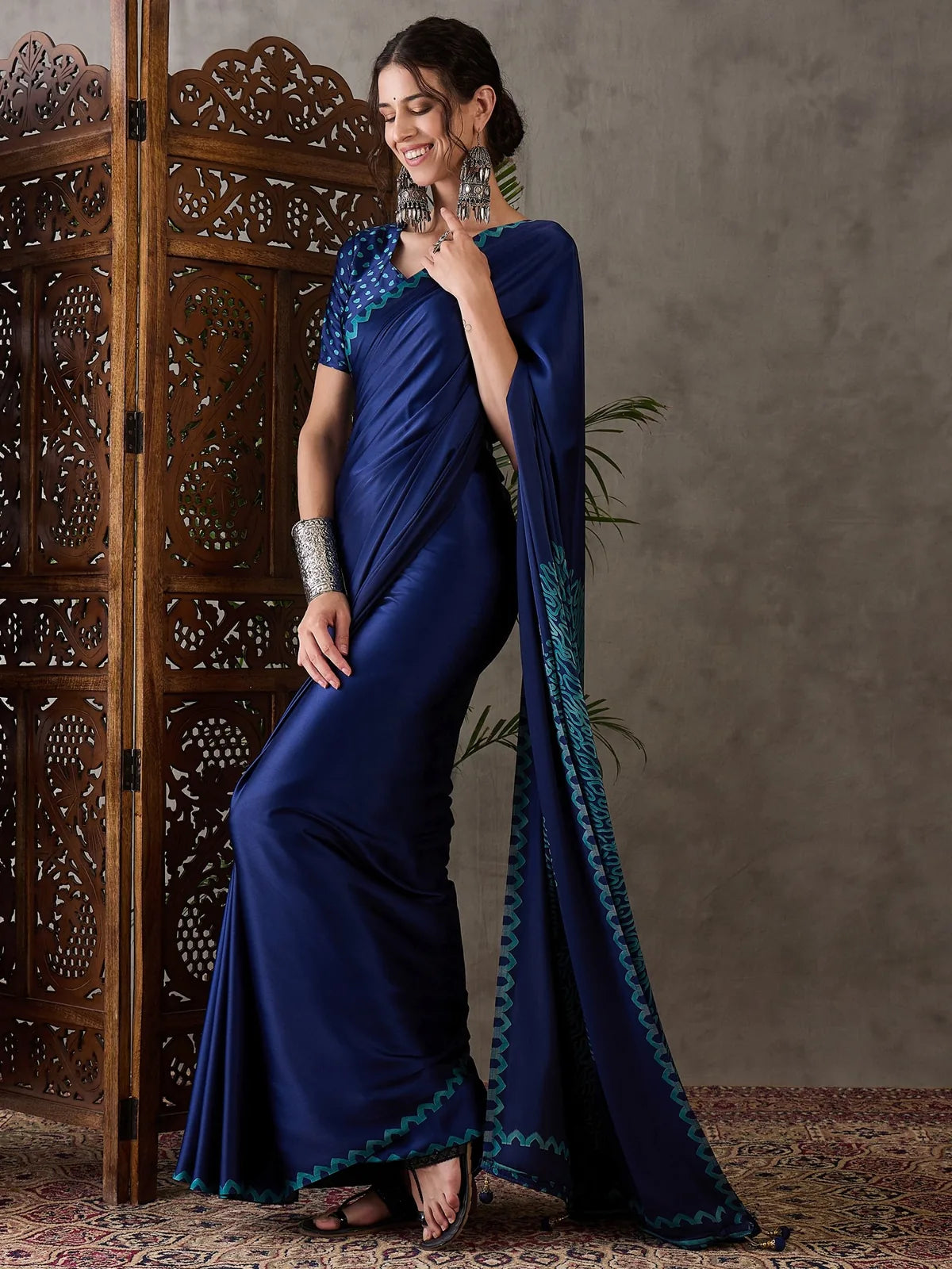 Tarani navy blue semi modal satin saree front view party wear look