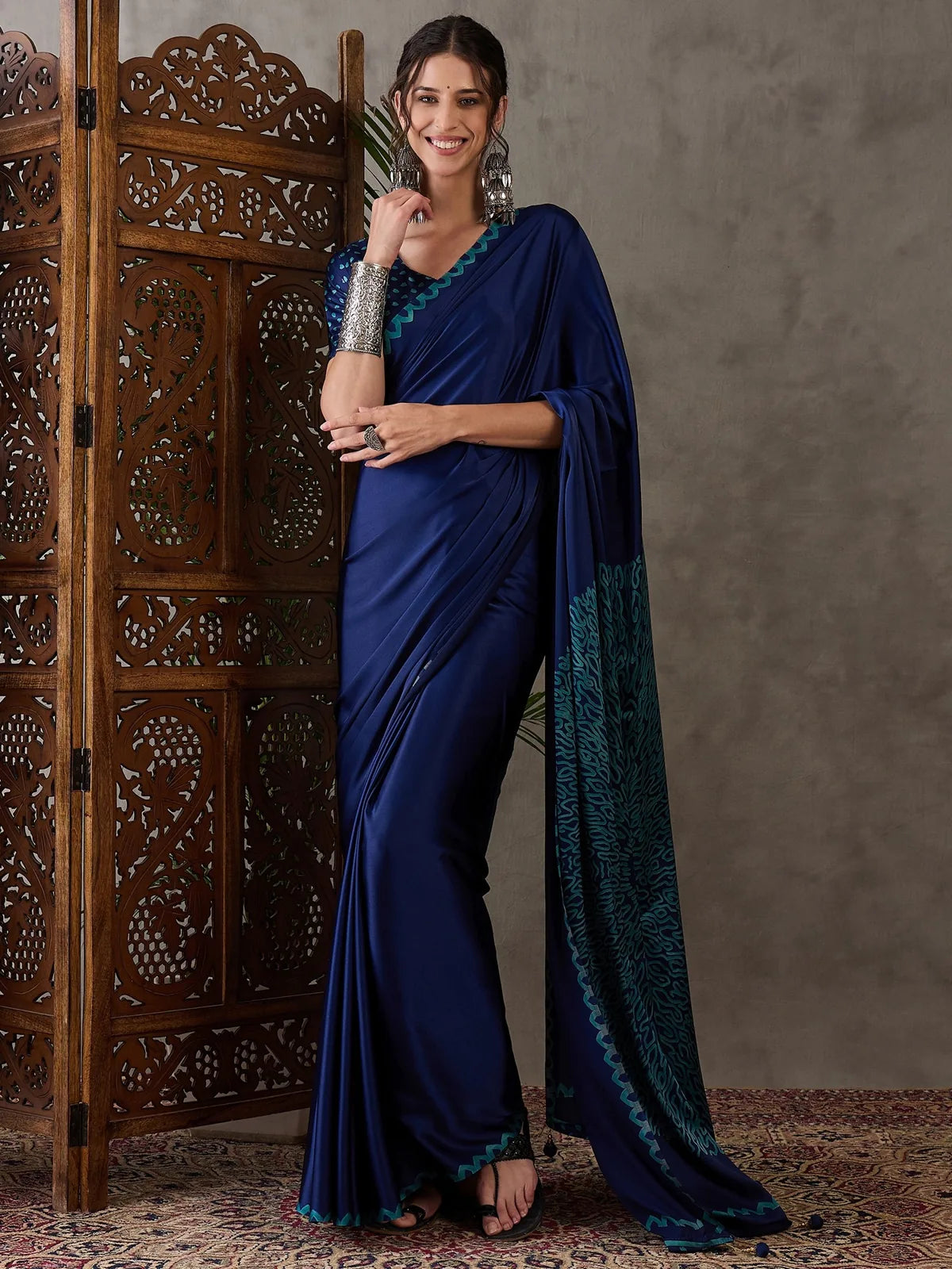 Tarani navy blue semi modal satin saree full view with printed blouse and designer pallu