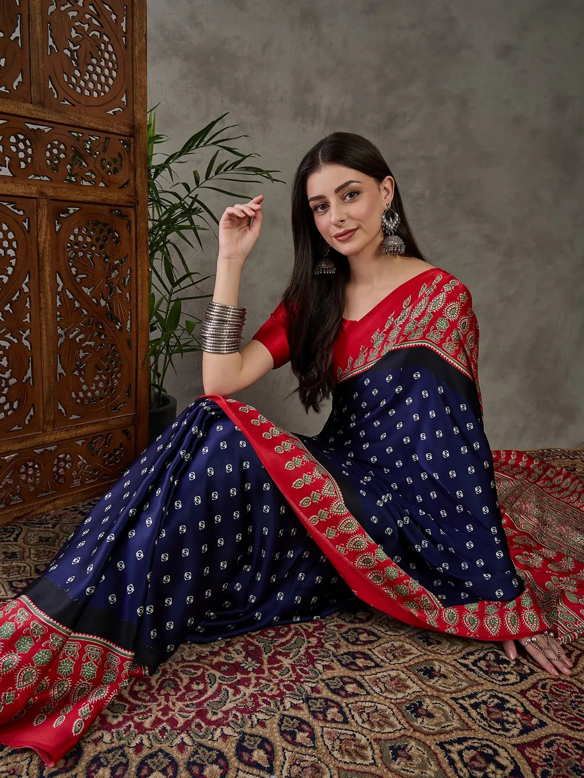 Tarani Kumuda navy blue semi modal satin saree full drape festive wear view
