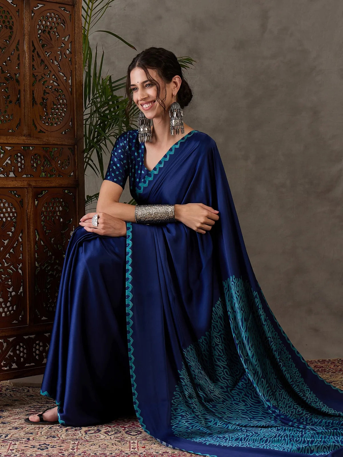 Tarani navy blue semi modal satin saree seated pallu showcase