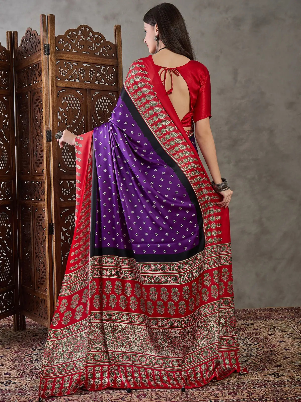 Tarani Pankaja purple semi modal satin saree back view