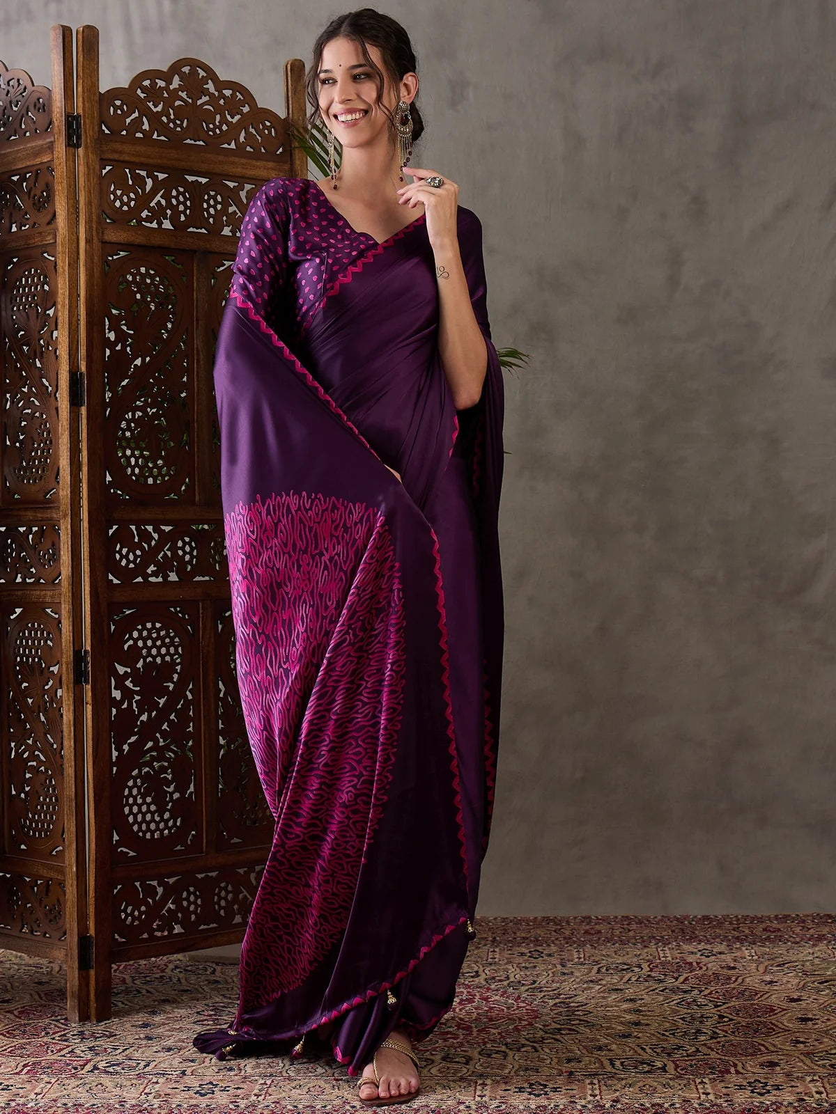 Tarani purple printed saree front pose festive and party wear look