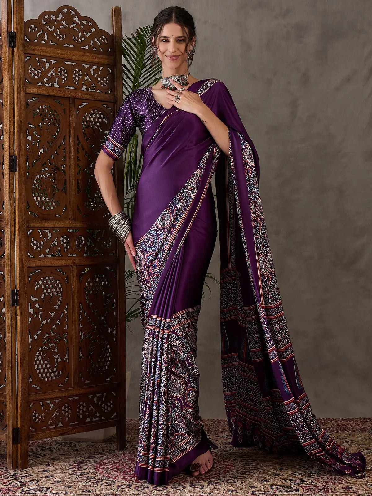 Tarani Jigyasa purple semi modal satin printed saree full view with matching blouse for festive wear