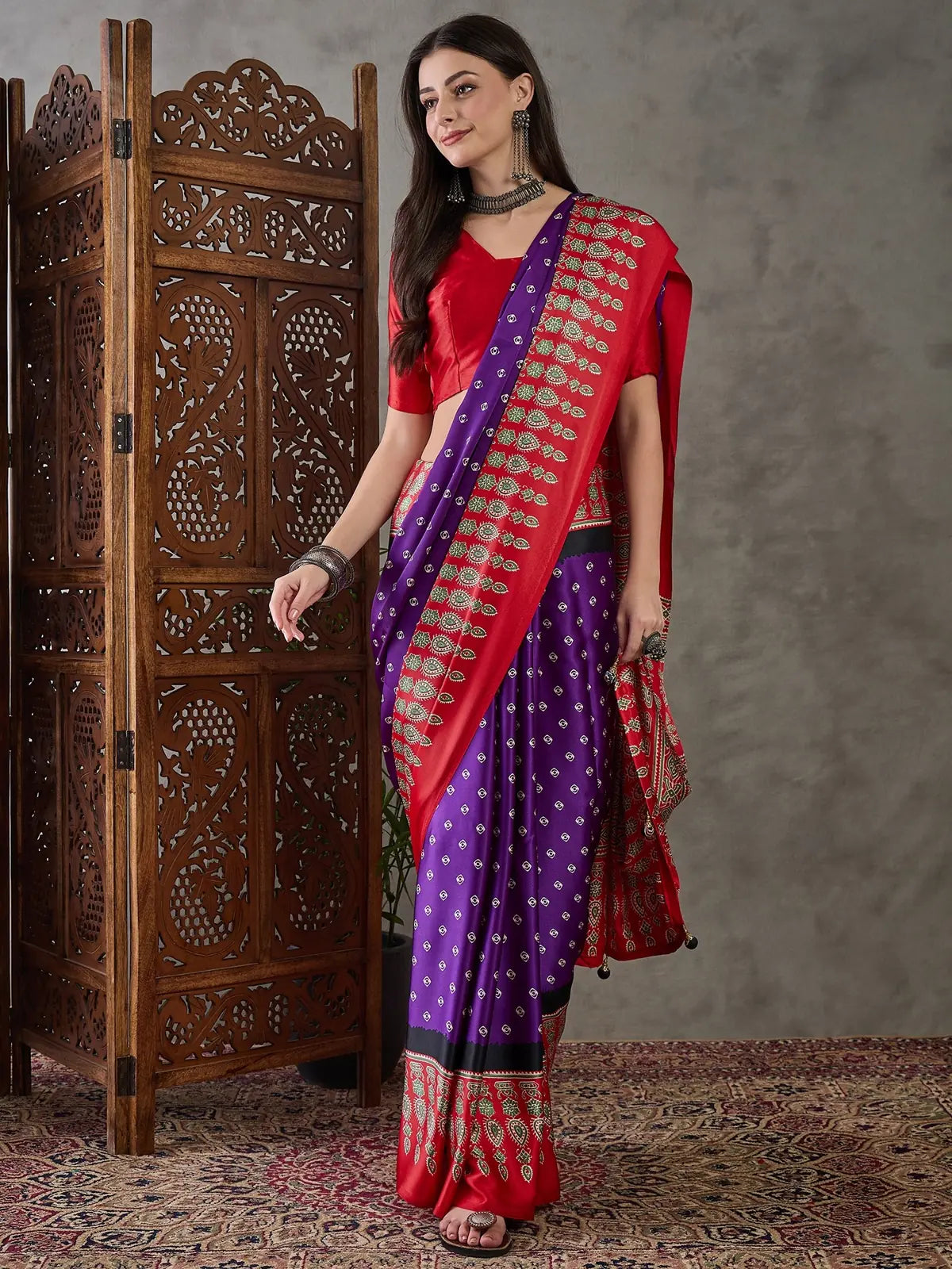 Tarani Pankaja purple semi modal satin printed saree full view party wear