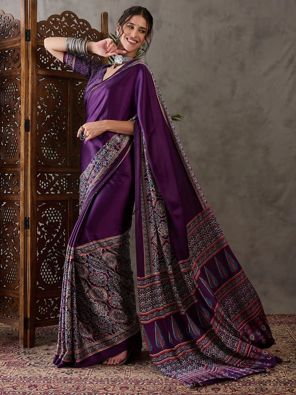 Tarani Jigyasa purple semi modal satin saree side view highlighting drape and border
