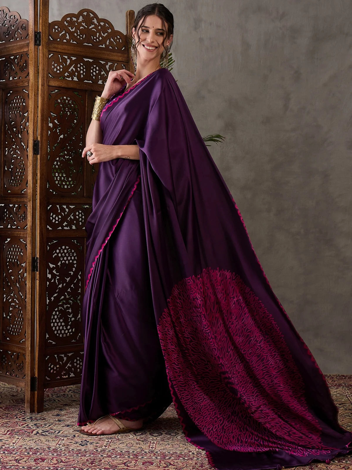 Tarani purple semi modal satin saree side view with designer pallu