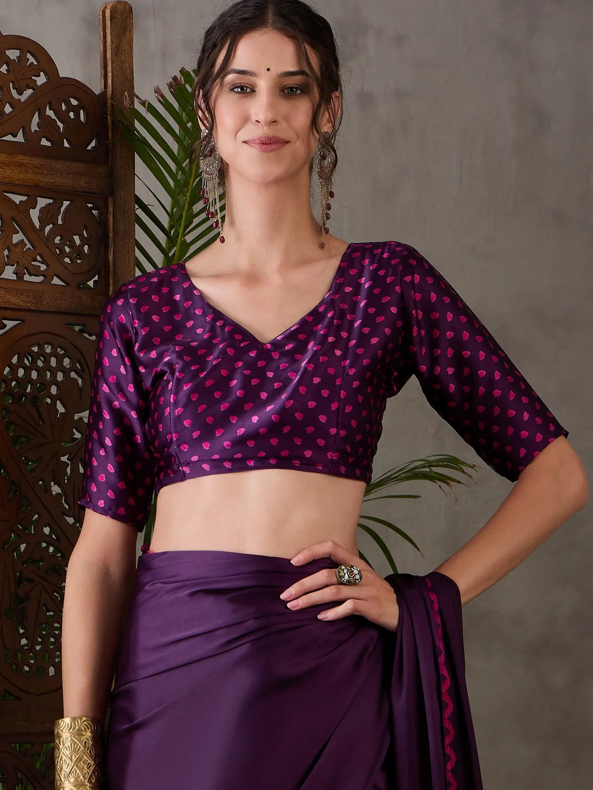 Tarani purple semi modal satin saree upper body view with printed blouse
