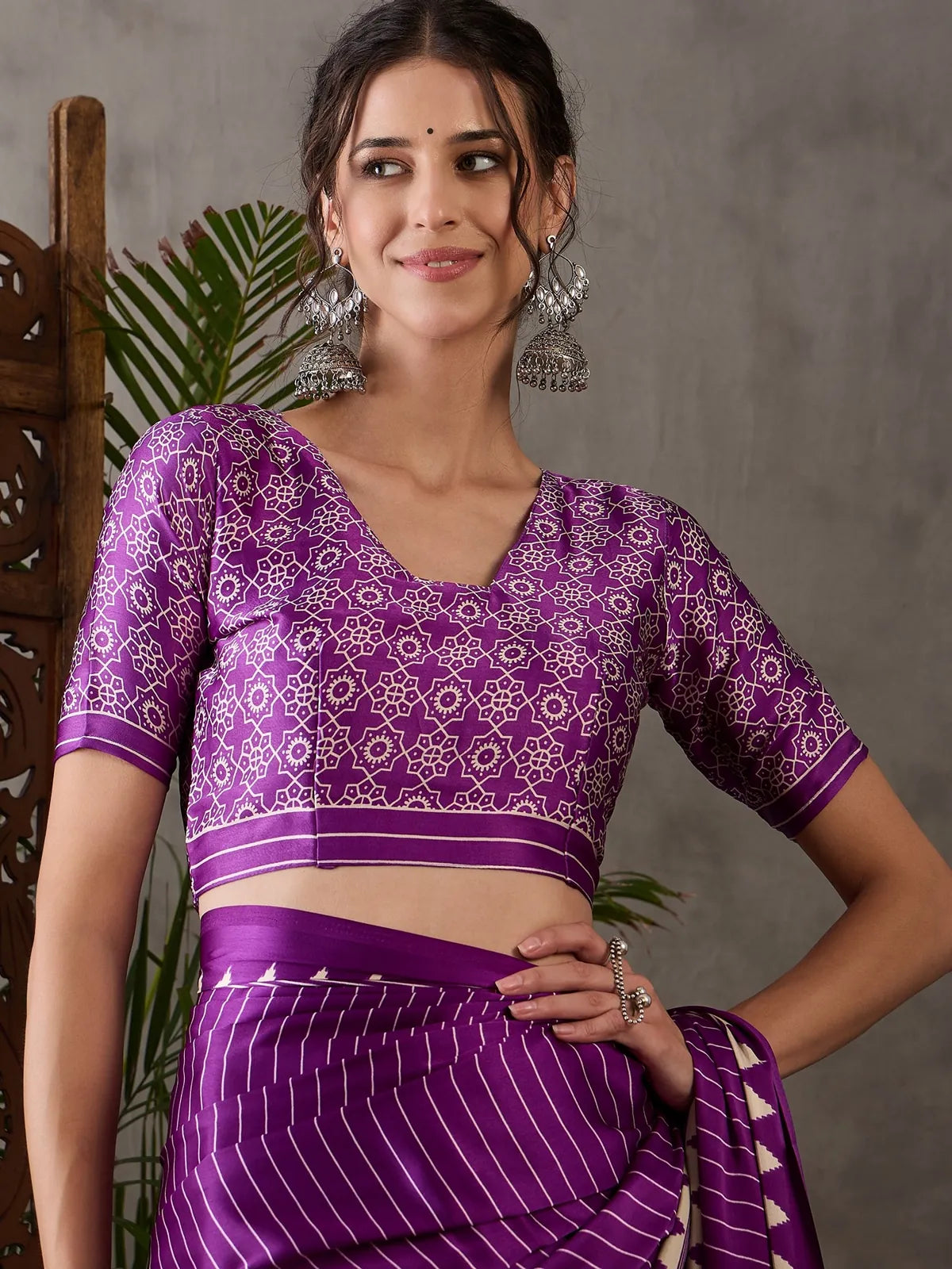 Tarani purple semi modal satin saree upper body view showing printed blouse design