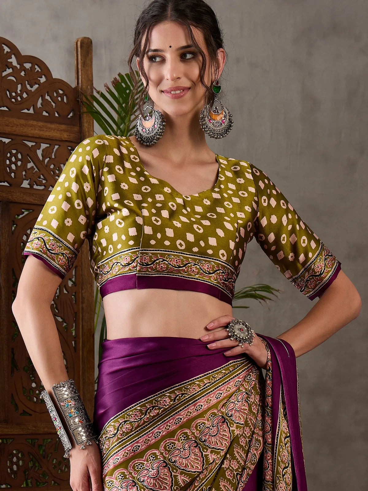 Tarani purple semi modal satin saree upper body view showing printed blouse design