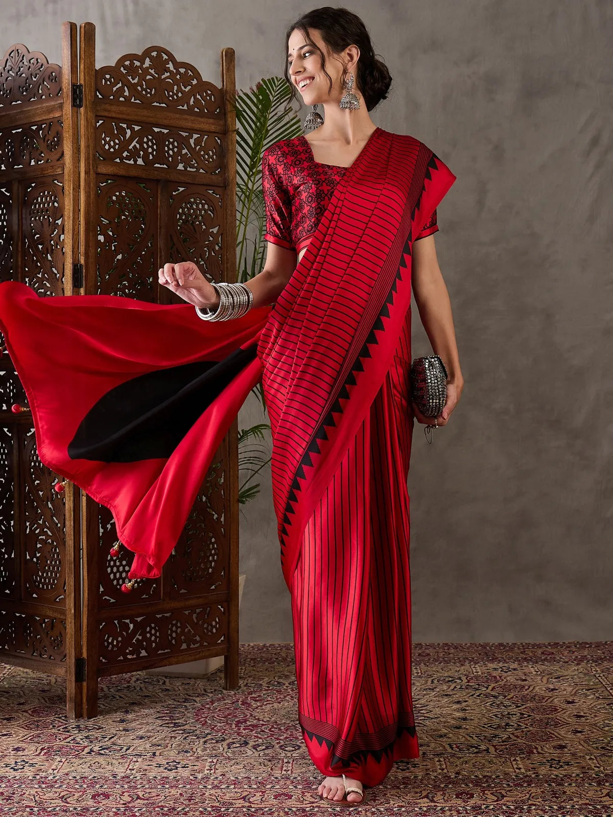 Tarani red printed semi modal satin saree front drape view for festive celebrations