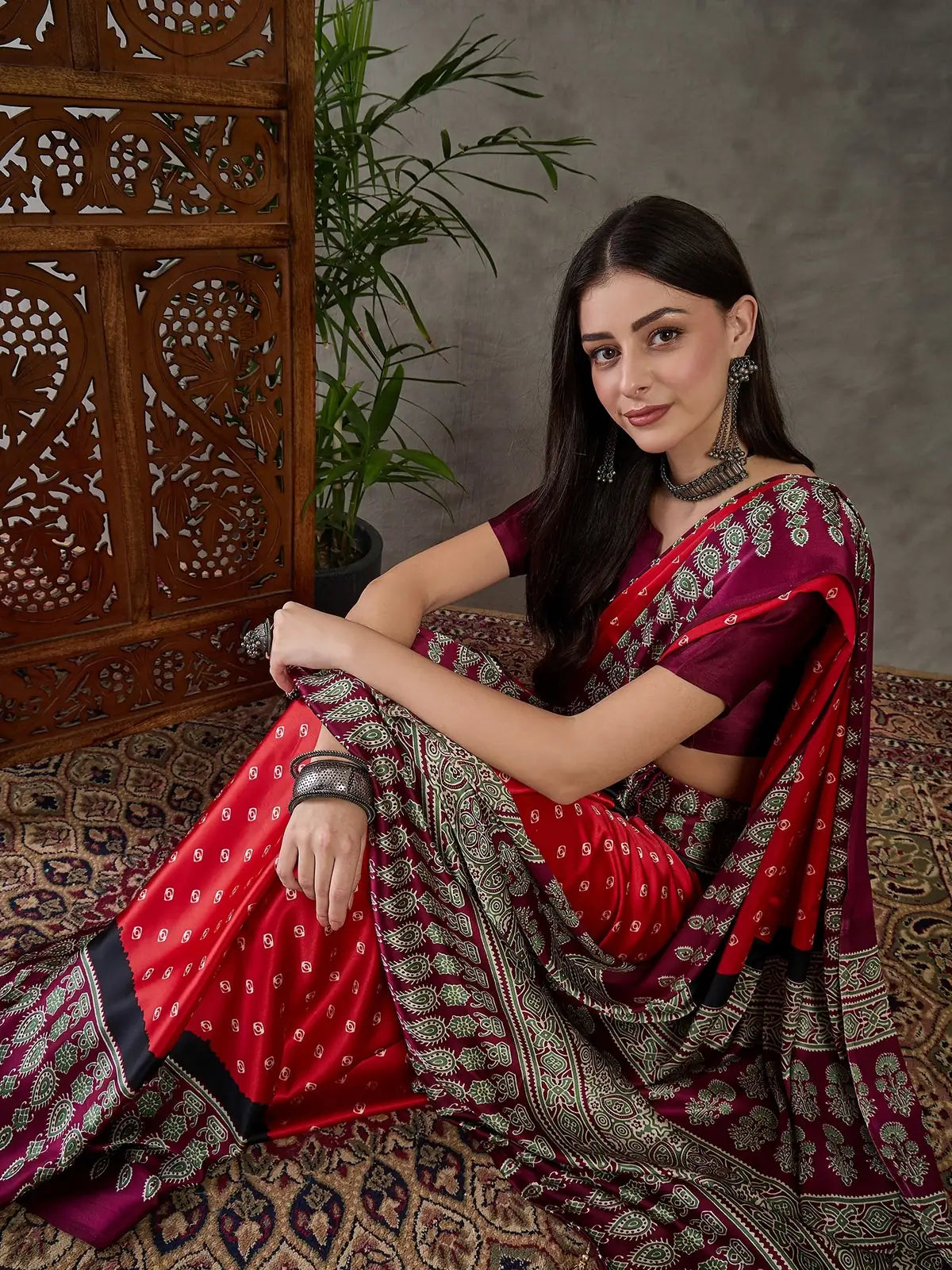 Tarani Aruna red semi modal satin saree front drape view with traditional motifs