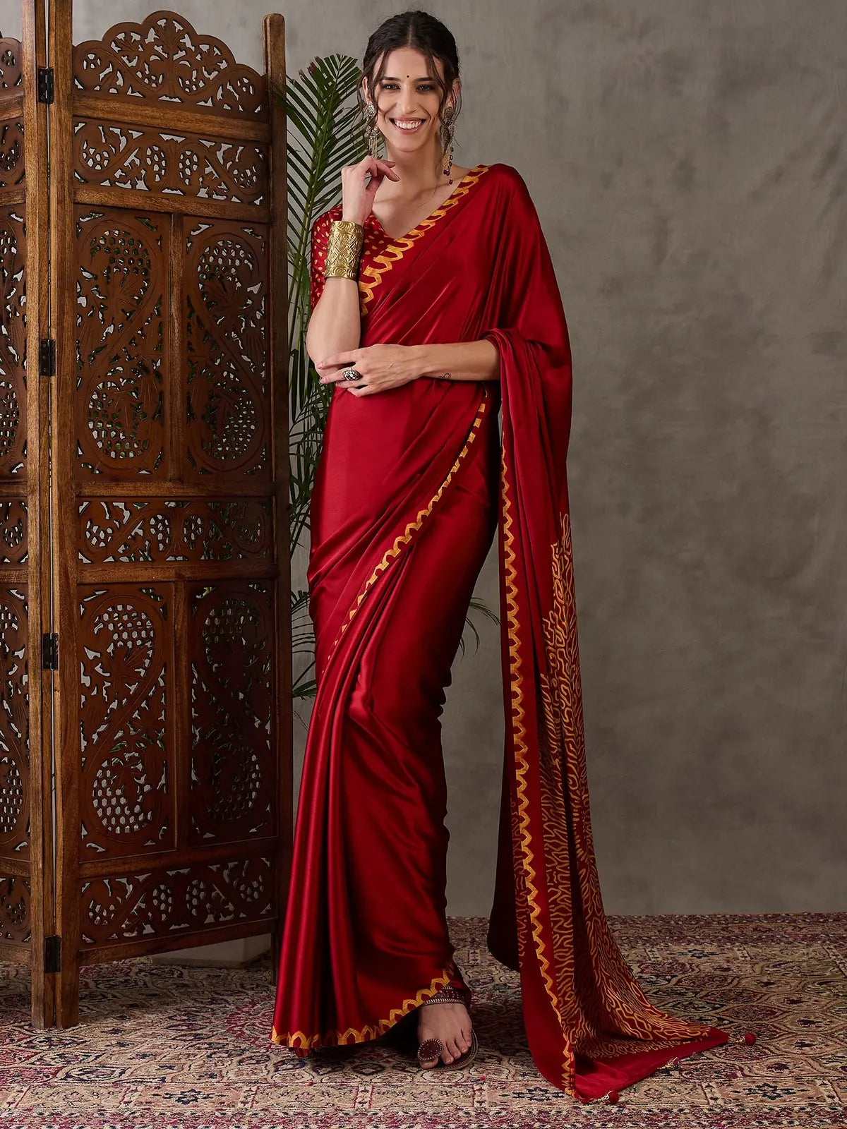 Tarani red semi modal satin printed saree with designer pallu and blouse full view