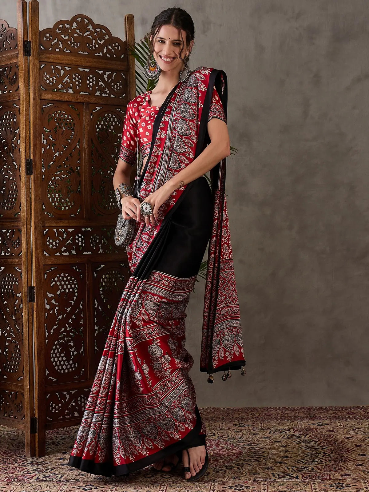 Tarani festive red semi modal satin saree full front look
