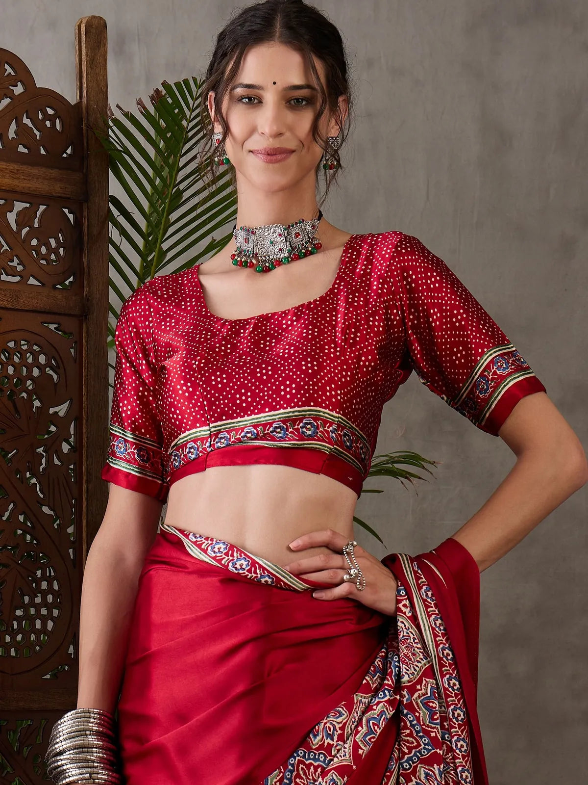 Tarani red Semi Modal Satin saree upper body view showing printed blouse design
