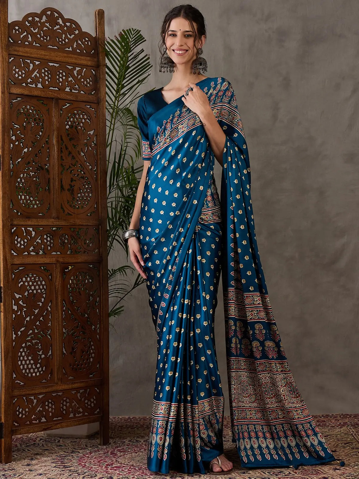 Tarani Namrata teal semi modal satin printed saree full view with blouse piece
