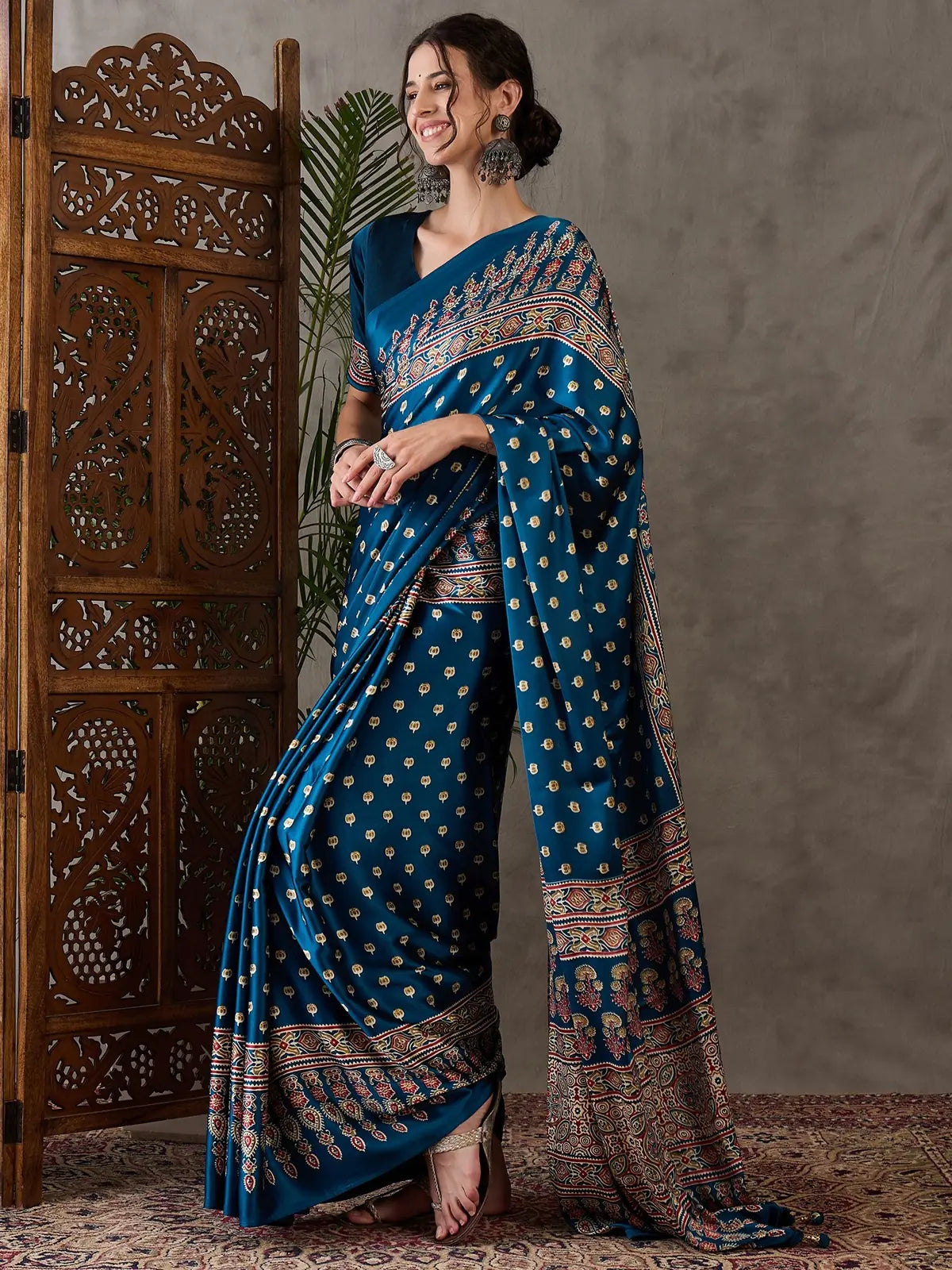 Tarani Namrata teal party wear saree front full drape view