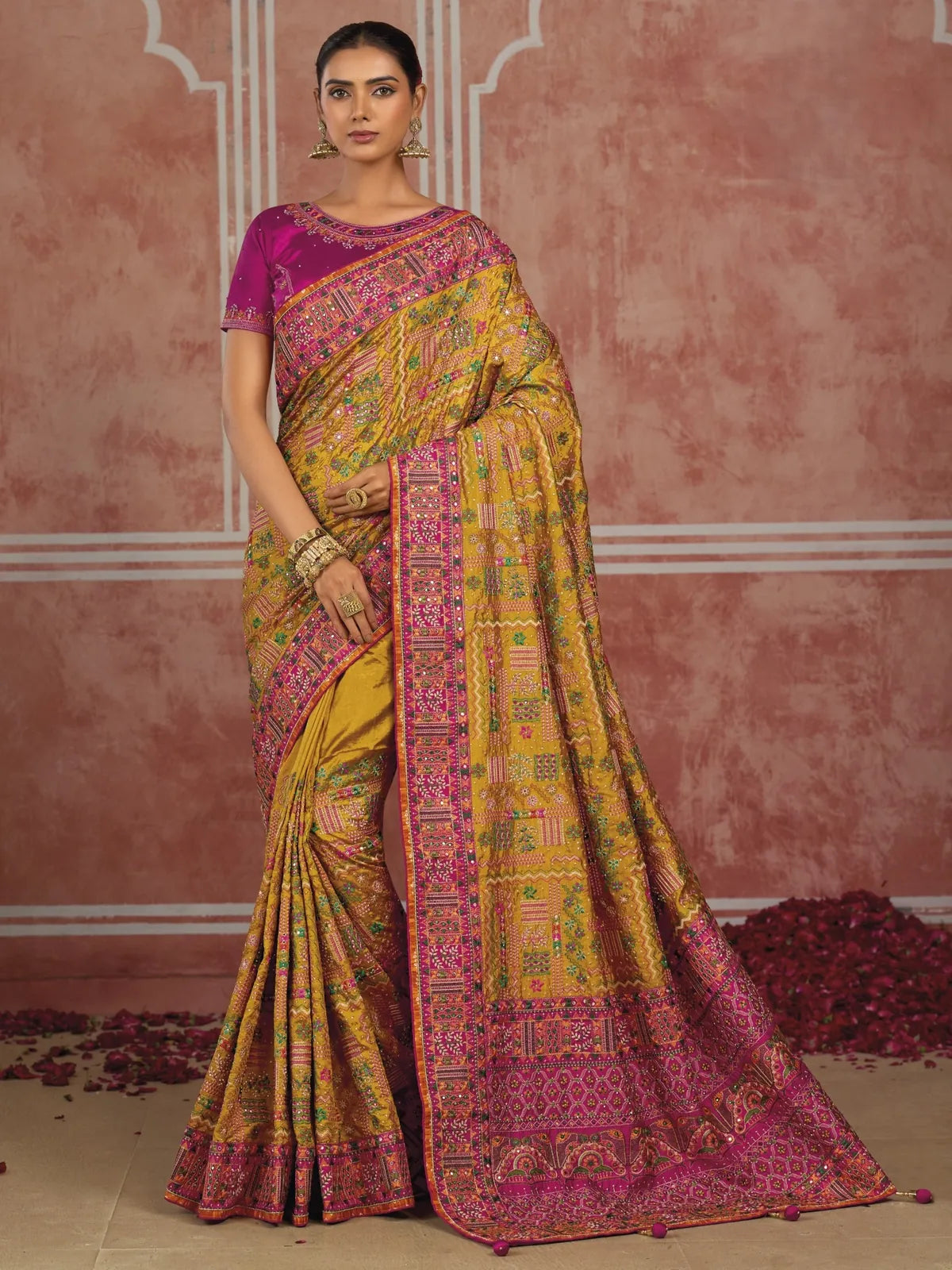 Tarani Shana Silk saree full view with heavy Kachhi diamond and mirror work