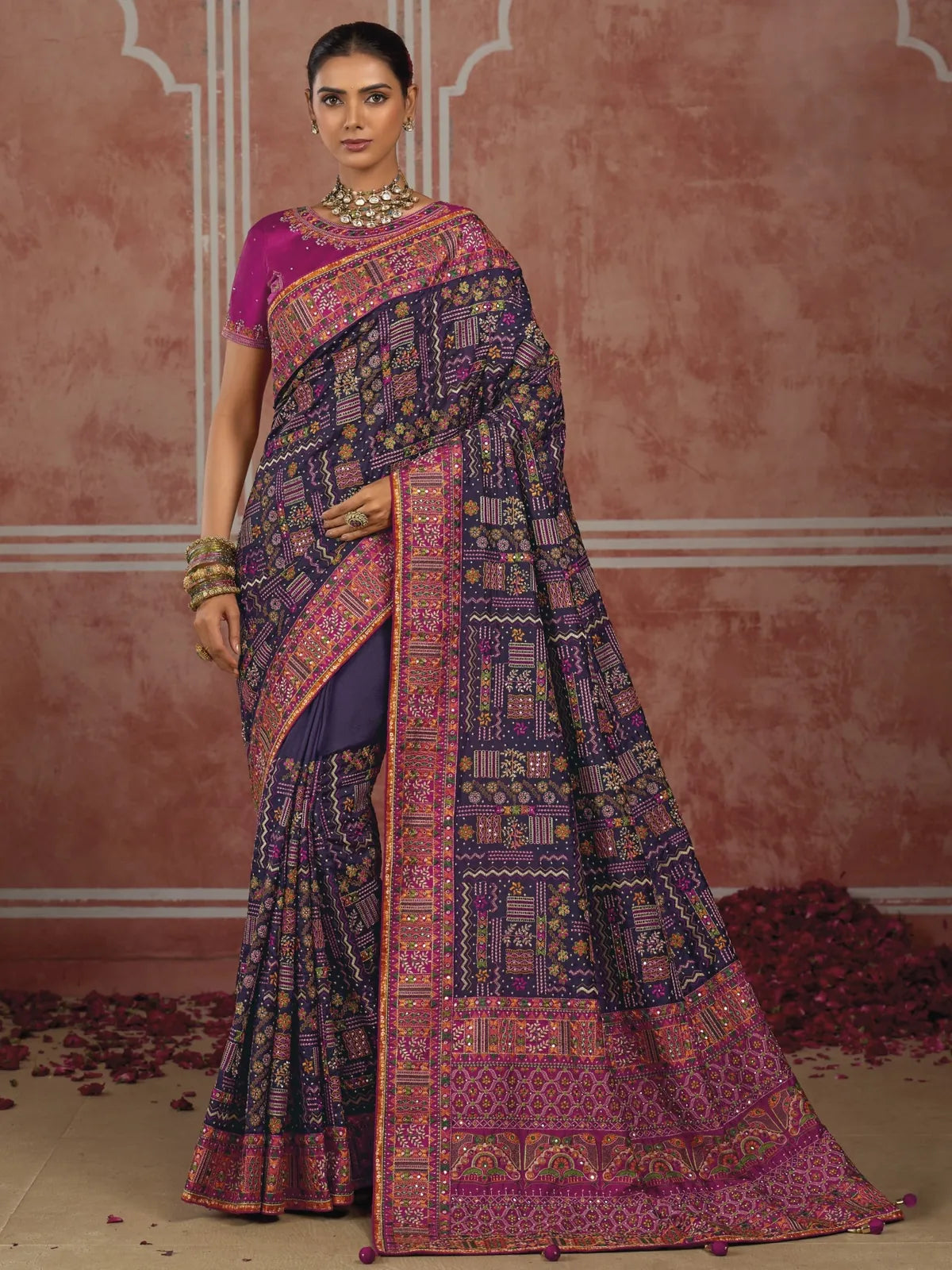 Tarani purple Shana Silk Saree full view with pure Kachhi diamond and mirror heavy work for wedding wear Sharada