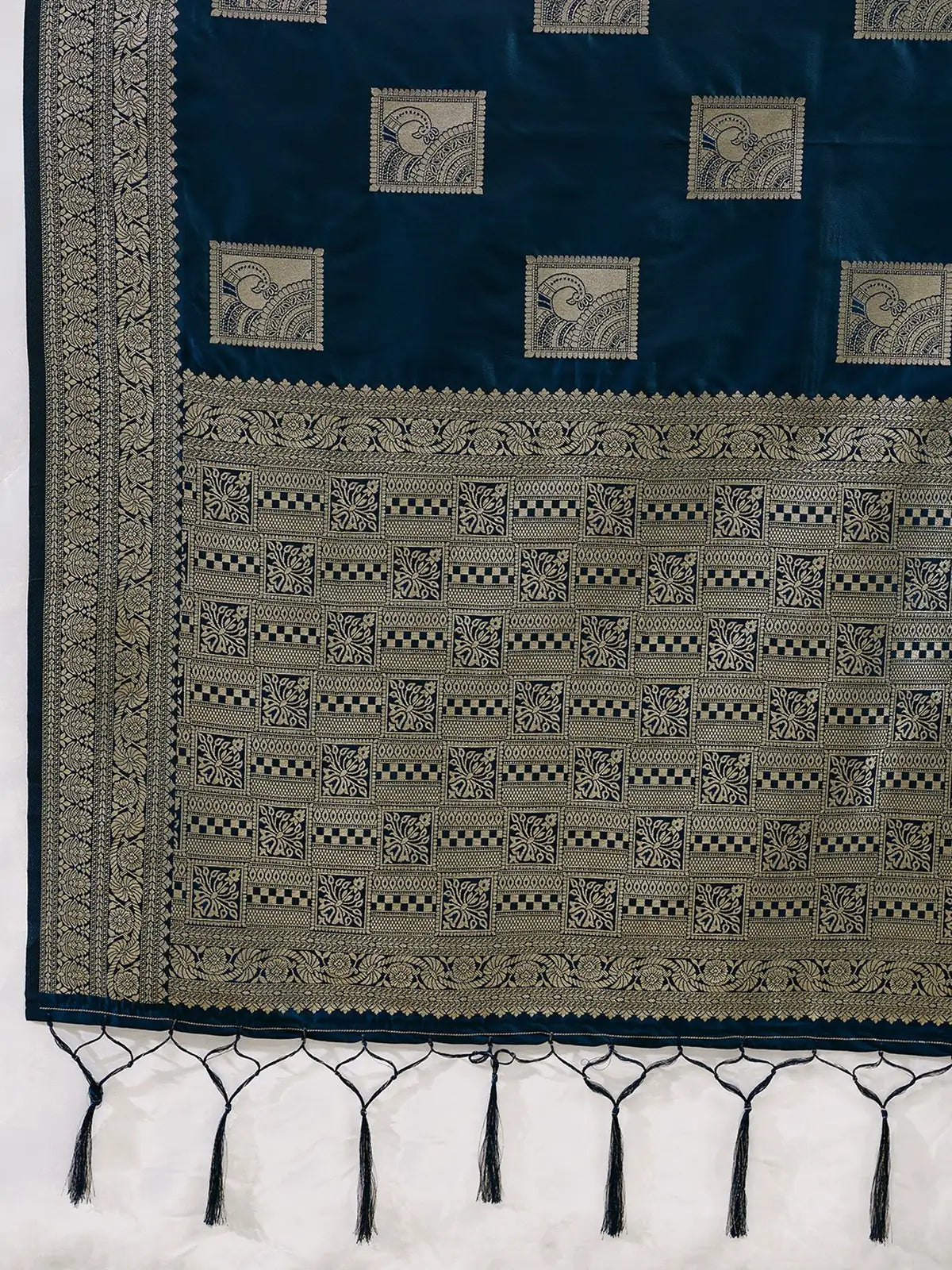 Tarani blue silk blend saree closeup view with zari pallu and tassel work