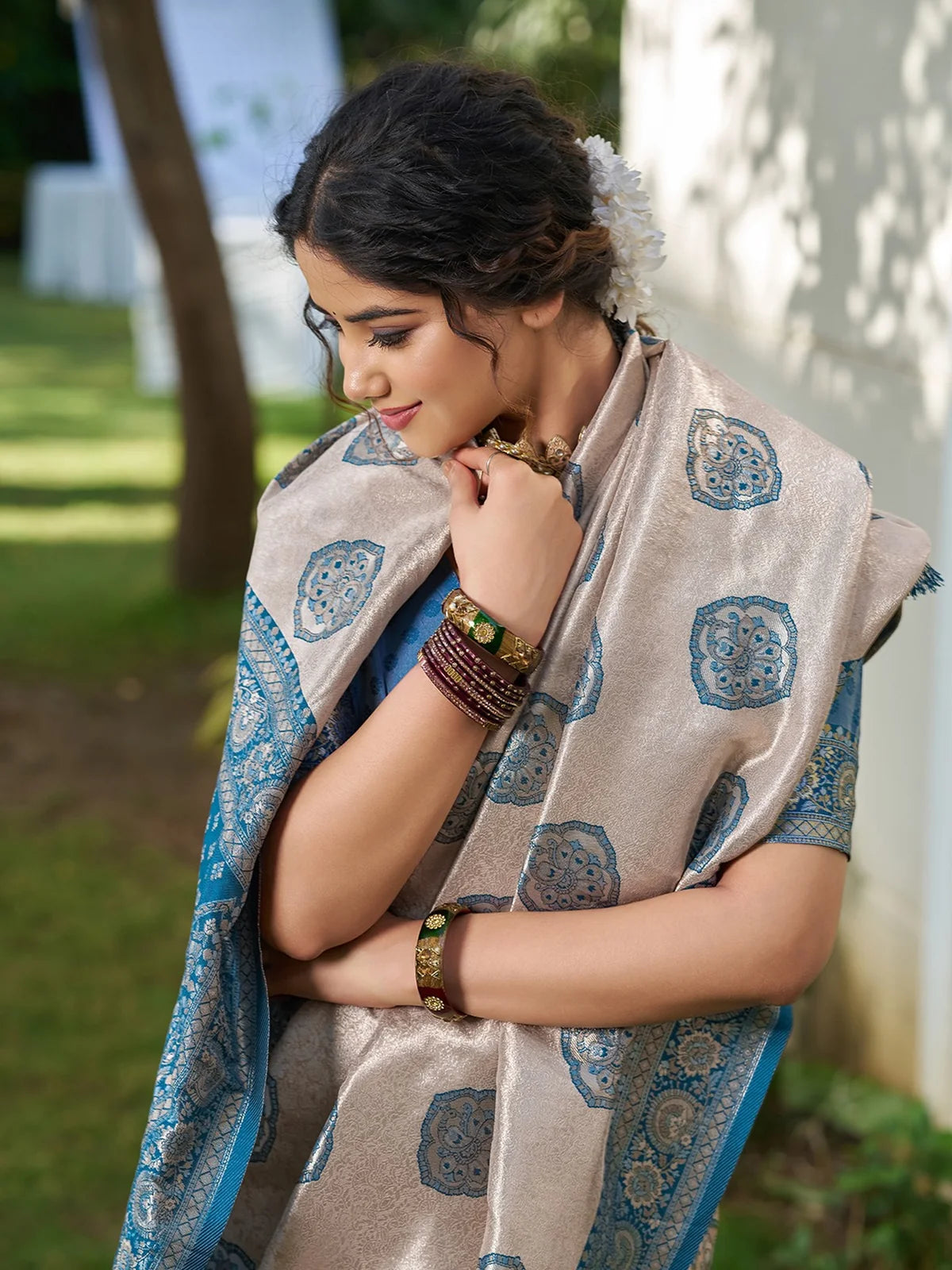 Tarani Bhagya closeup view of silk blend saree woven motifs and border details