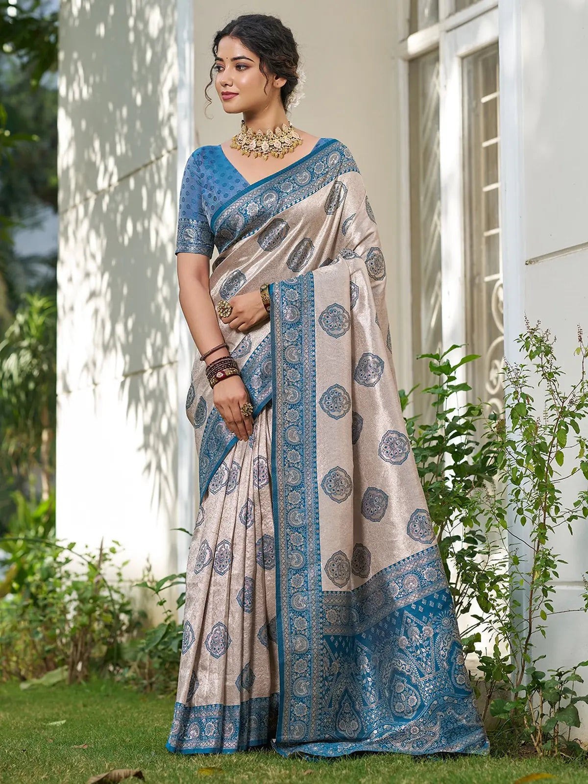 Tarani Bhagya blue silk blend saree full view with woven border and elegant festival style