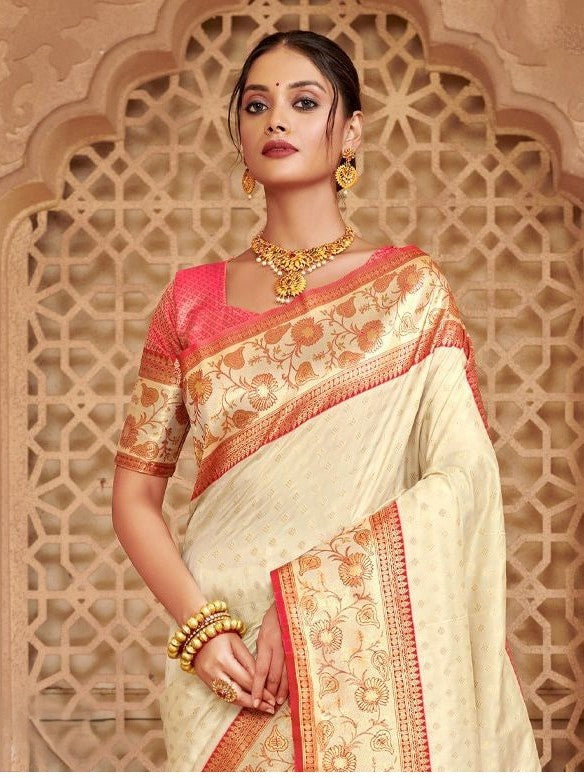 Tarani cream silk blend saree upper body view showing contrast blouse and woven golden motifs