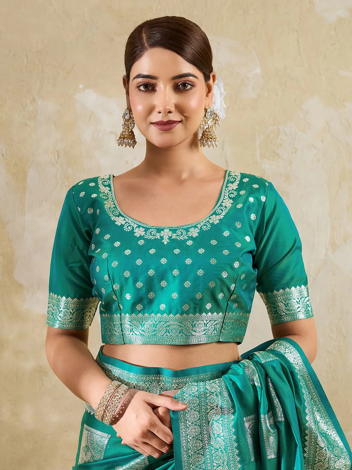 Tarani green silk blend zari work saree upper body view with matching festive blouse