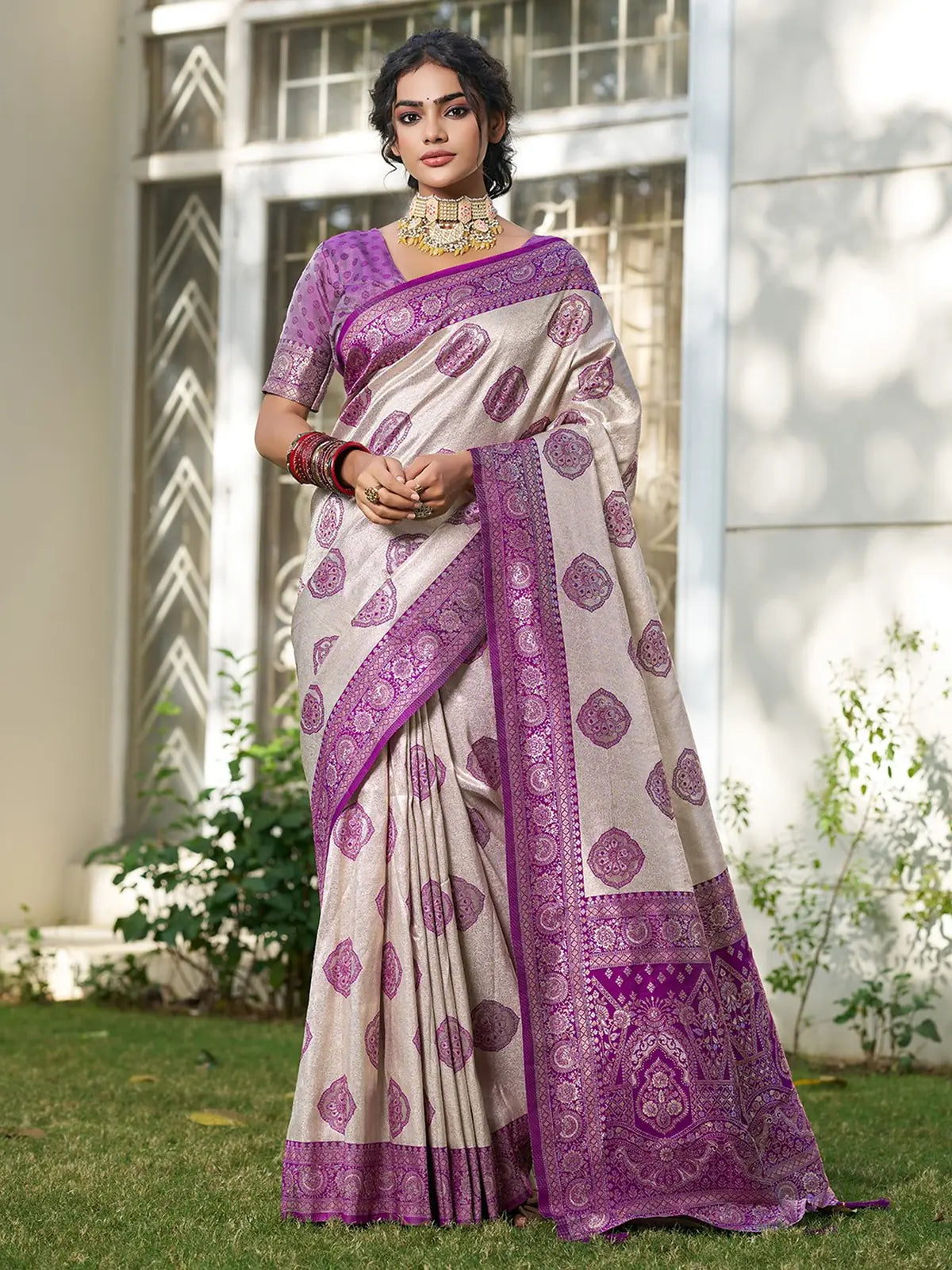 Tarani Amodita purple silk blend saree full view with woven motifs and zari pallu
