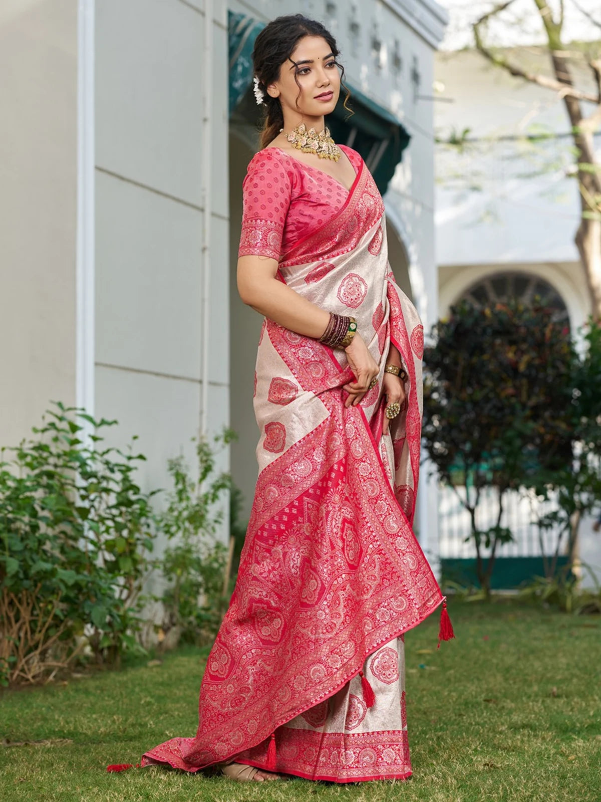 Tarani Shravya red silk blend saree side view with elegant drape and rich woven pallu
