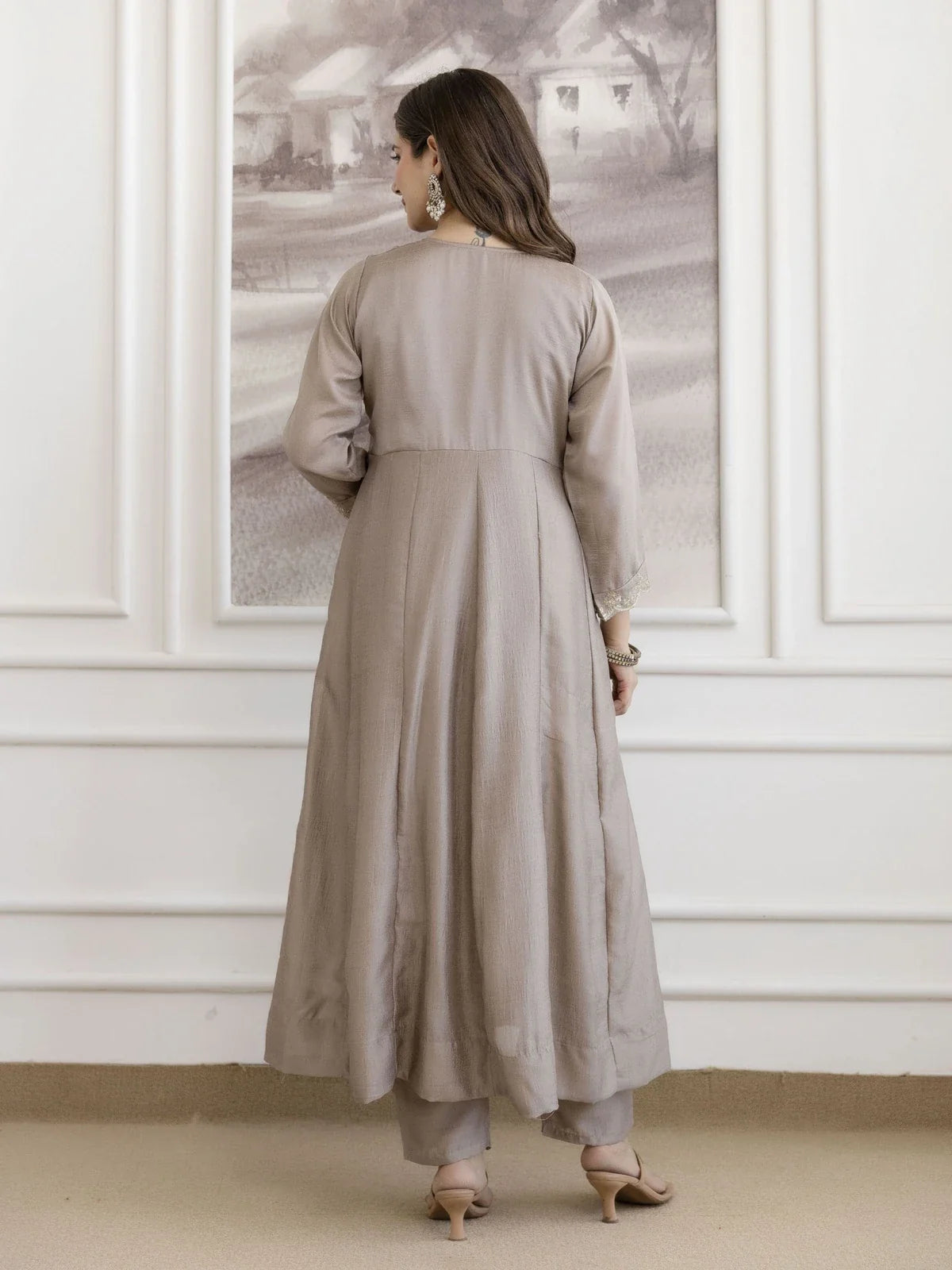 Tarani beige silk dress back view showing stitching and smooth fabric finish