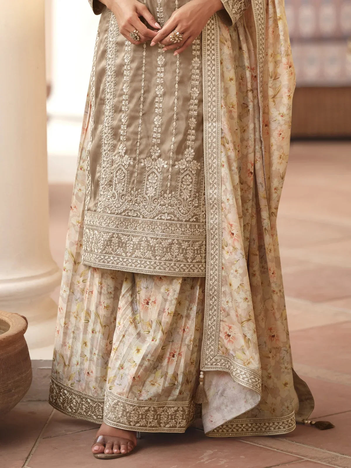 Tarani beige silk sharara dress intricate embroidery and dupatta detailing closeup view
