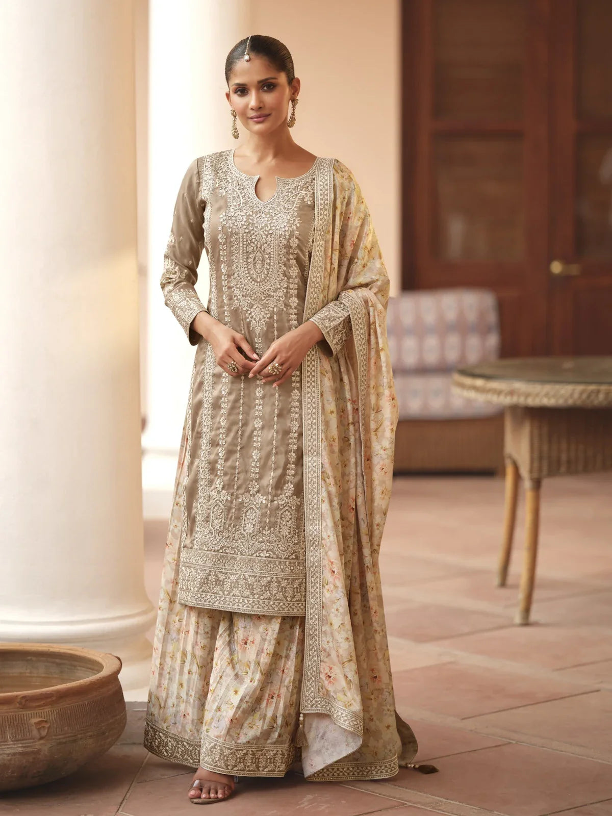 Tarani premium beige silk sharara suit with embroidered kurta and printed dupatta full view