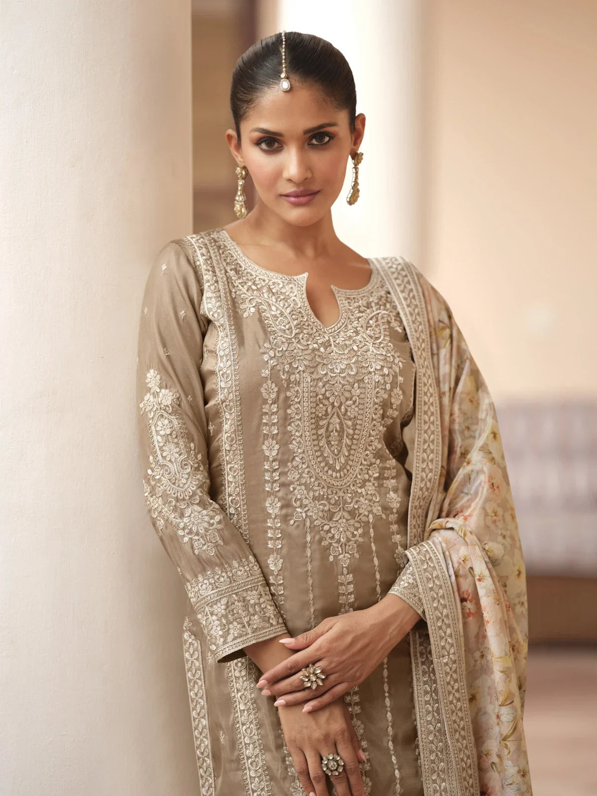 Tarani beige embroidered silk sharara kurta closeup upper body view