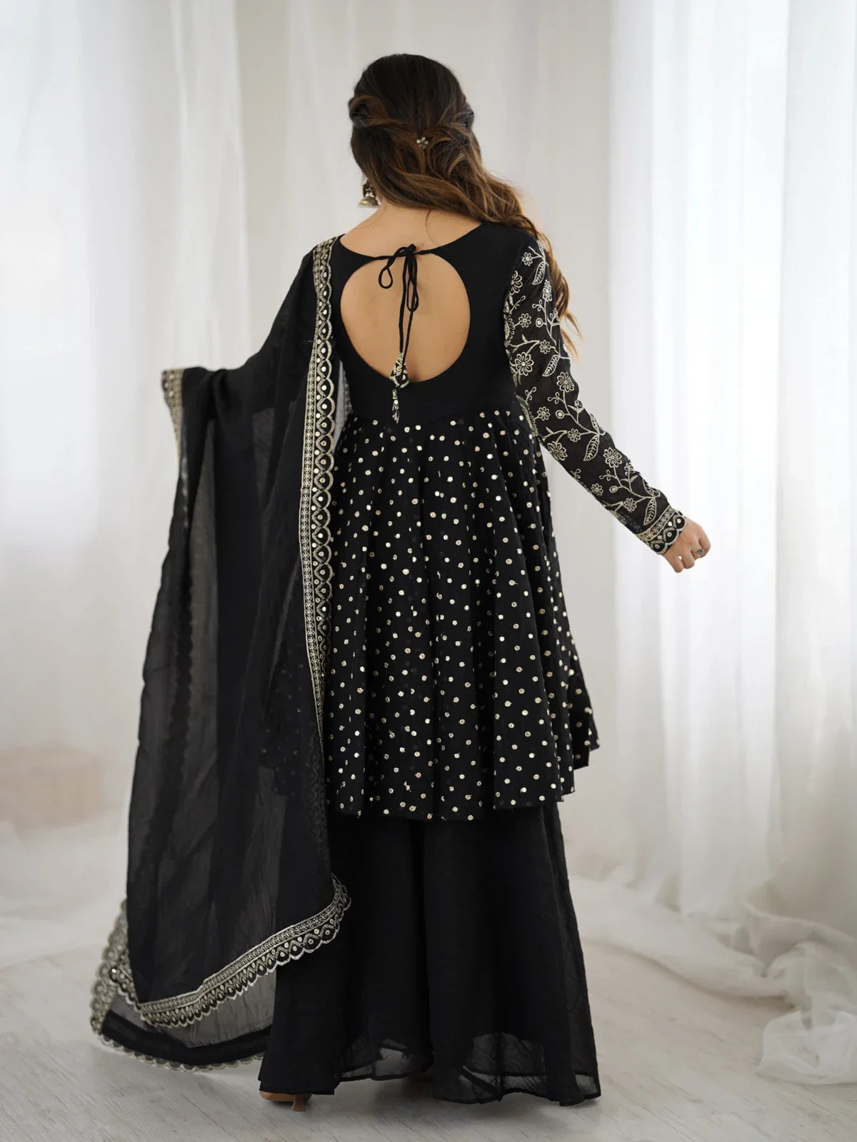 Tarani black silk sharara back view with dupatta