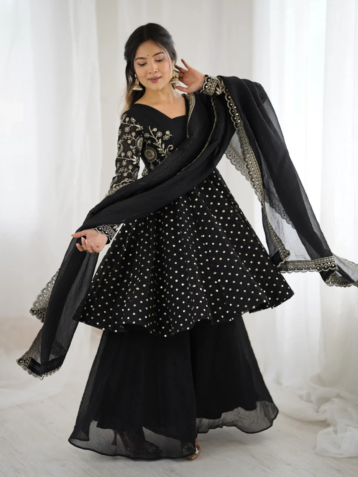 Tarani full view black silk embroidered sharara dress