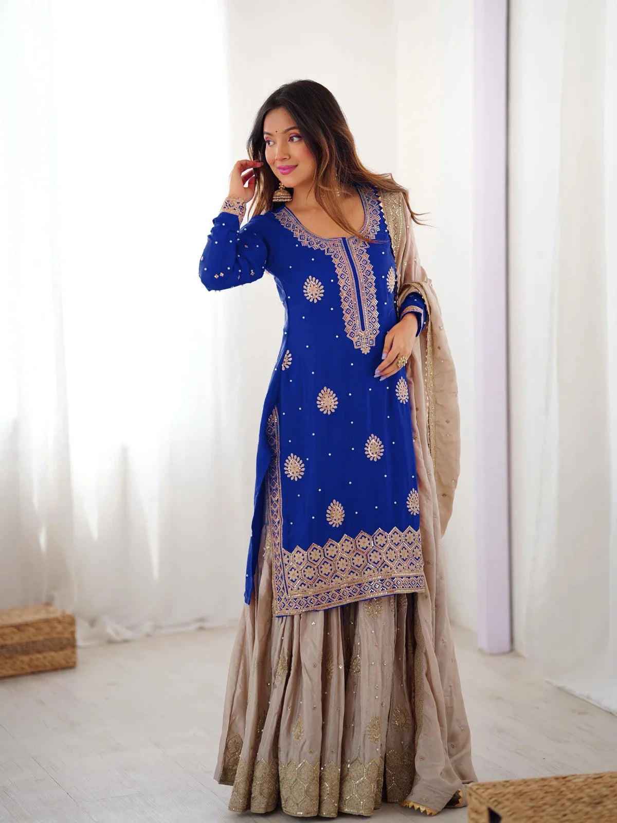 Tarani blue chinon silk dress with embroidery pearl and sequin work full view